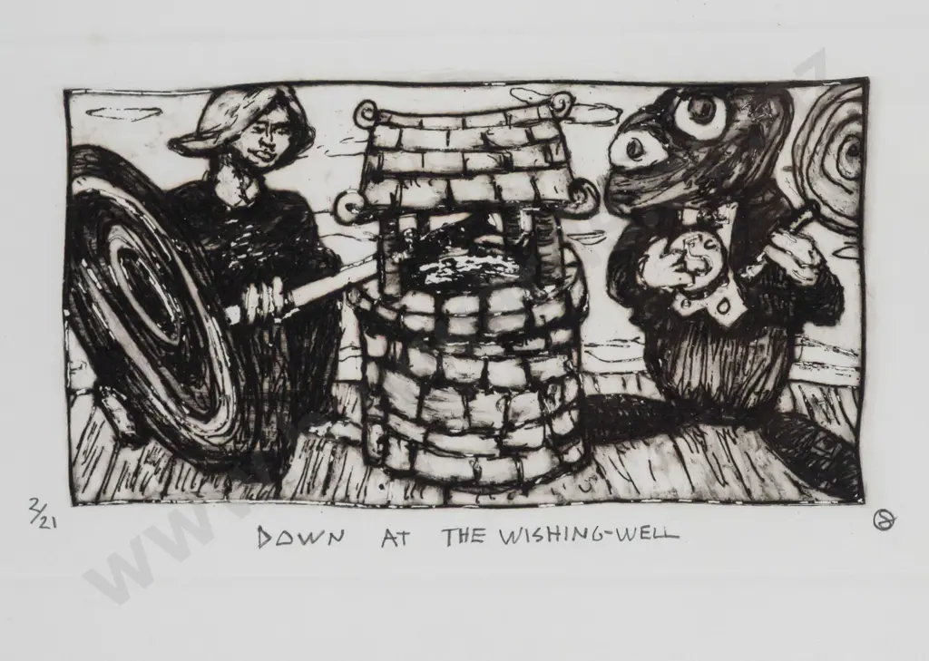 Eion Shanks -- framed engraving on paper "Down at the Wishing-Well" ed. 2/21 H-105 W-300 [few minor spots of foxing] Image 1++