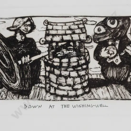 Eion Shanks -- framed engraving on paper "Down at the Wishing-Well" ed. 2/21 H-105 W-300 [few minor spots of foxing]