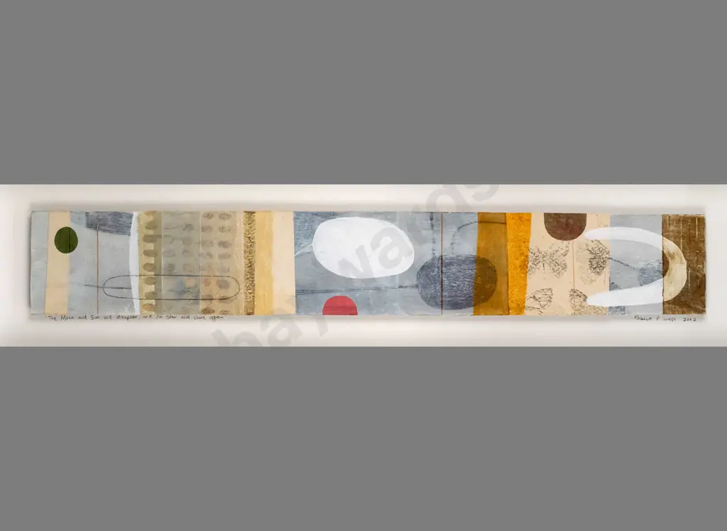 Robert P West 2002 - framed mixed media - "The moon & sun will disappear, and no sun will shine again" H-95 W-650 Image 1++