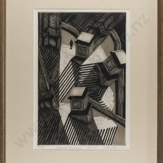 Audrey Bascand 1993 -- framed etching & aquatint on paper "Precinct Overview" H-310 W-210
