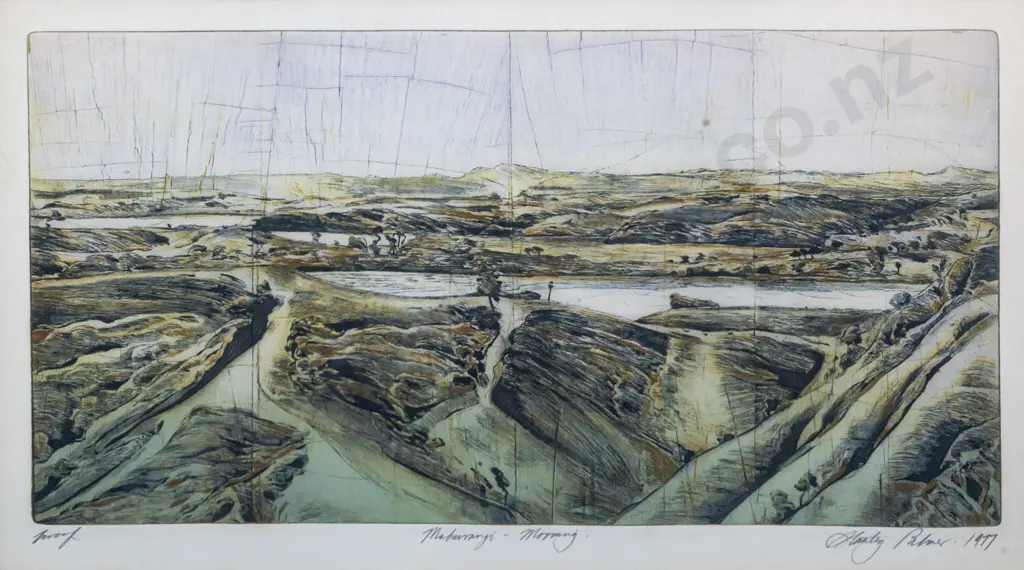 Stanley Palmer 1977 -- framed bamboo engraving with lithography "Mahurangi - Morning" Artist Proof H-330 W-560 [wear to Image 1++