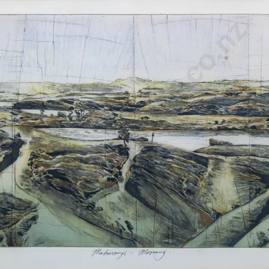 Stanley Palmer 1977 -- framed bamboo engraving with lithography "Mahurangi - Morning" Artist Proof H-330 W-560 [wear to