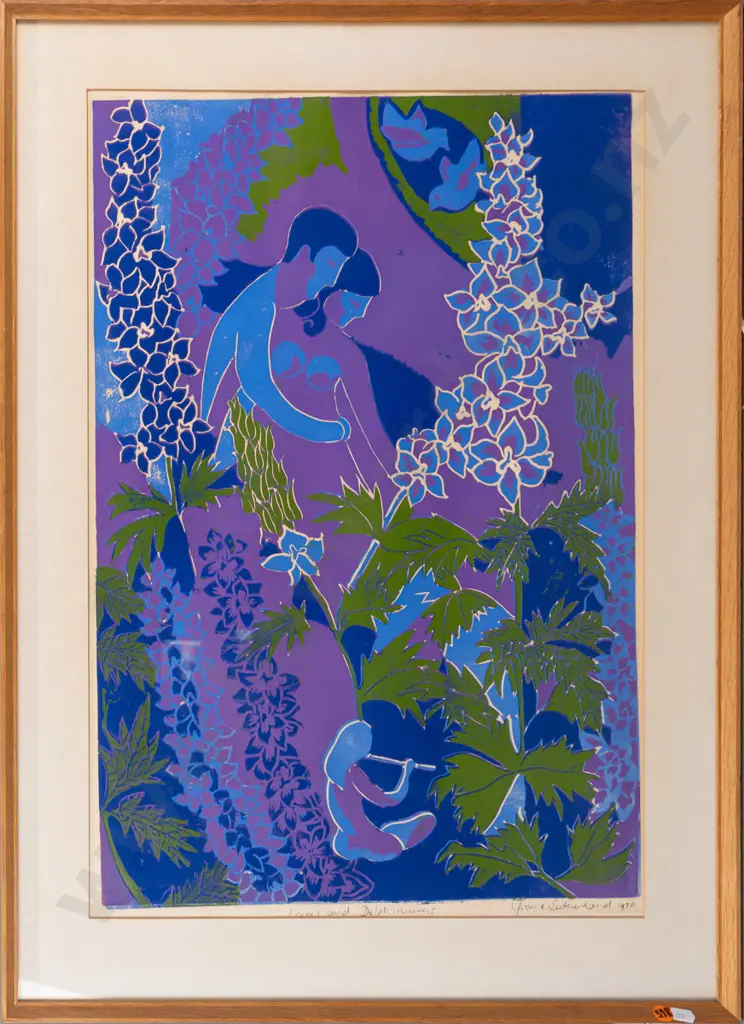 Yvonne Sutherland 1970 -- framed reduction linocut on paper "Lovers and Delphiniums" H-590 W-410  [work has detached Image 1++