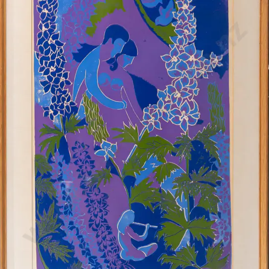 Yvonne Sutherland 1970 -- framed reduction linocut on paper "Lovers and Delphiniums" H-590 W-410  [work has detached