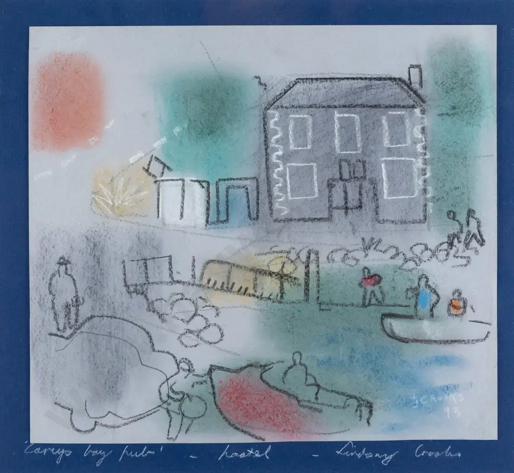 Lindsay Crooks 1993 -- framed pastel on paper "Careys Bay Pub" H-250 W-275 [frame top right corner mitre disjoining] Image 1++