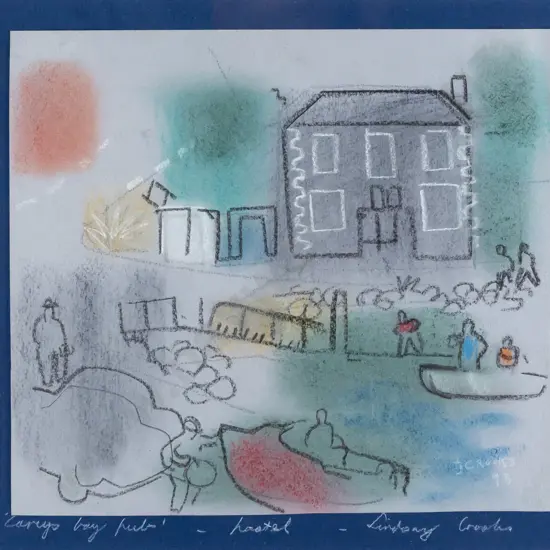 Lindsay Crooks 1993 -- framed pastel on paper "Careys Bay Pub" H-250 W-275 [frame top right corner mitre disjoining]