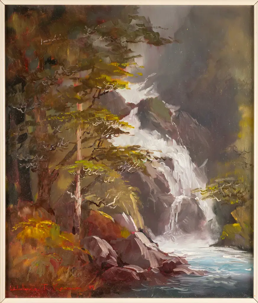 Wallace T Keown 1979 -- framed oil on board "Mackay Falls Fiordland" H-340 W-290 Image 1++