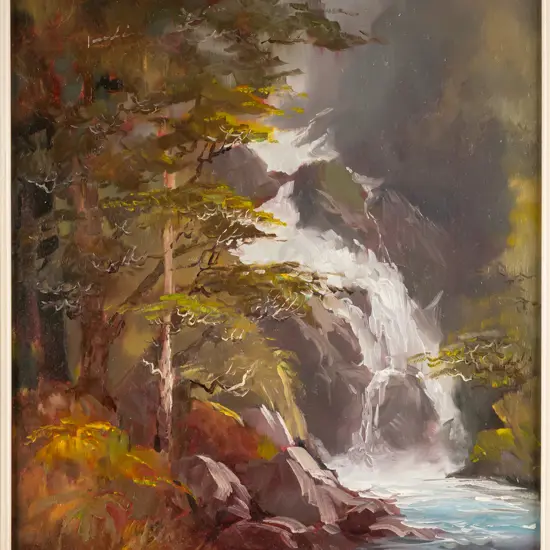 Wallace T Keown 1979 -- framed oil on board "Mackay Falls Fiordland" H-340 W-290