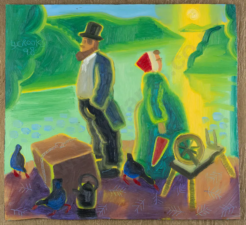 Lindsay Crooks 1998 -- oil on board in handpainted frame, couple in harbour landscape, H-275 W-295 [light wear to frame] Image 1++