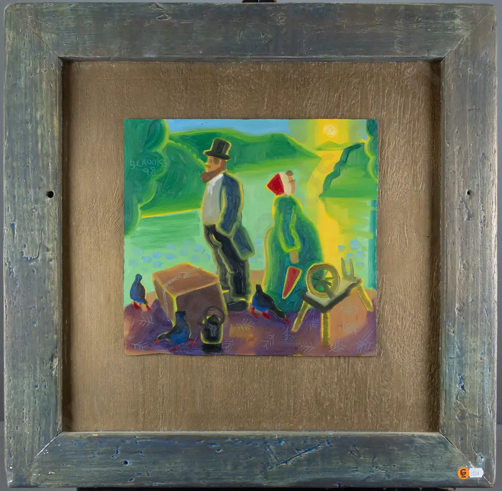 Lindsay Crooks 1998 -- oil on board in handpainted frame, couple in harbour landscape, H-275 W-295 [light wear to frame] Image 1++