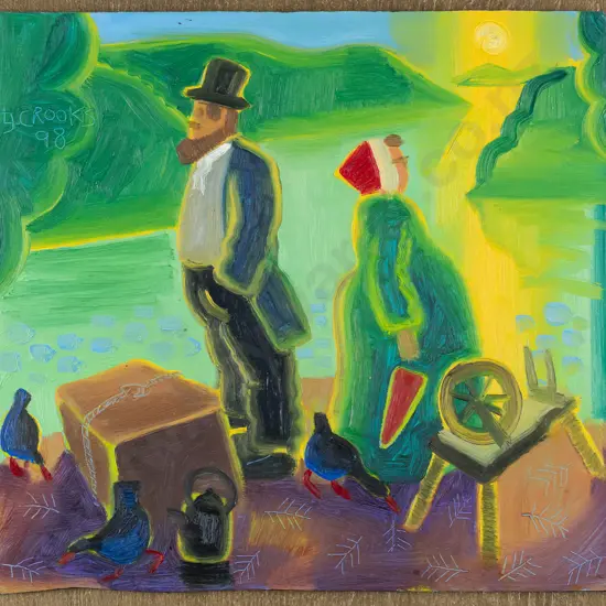 Lindsay Crooks 1998 -- oil on board in handpainted frame, couple in harbour landscape, H-275 W-295 [light wear to frame]