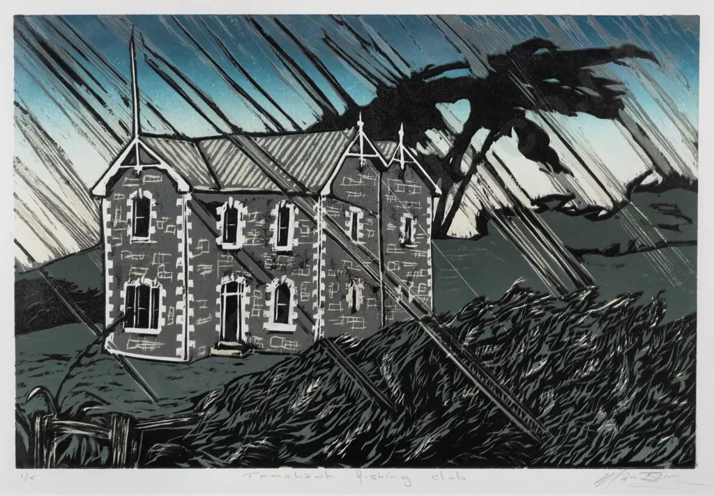 Manu Berry -- framed reduction woodcut on paper "Tomahawk Fishing Club" H-290 W-415 Image 1++