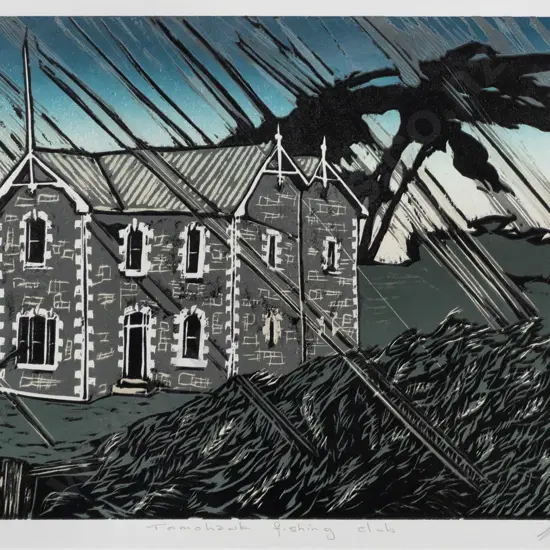 Manu Berry -- framed reduction woodcut on paper "Tomahawk Fishing Club" H-290 W-415