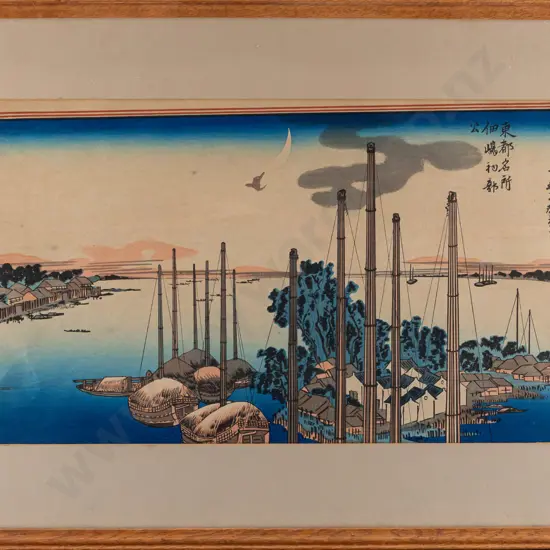 Hiroshige -- framed woodblock print on paper "First Cuckoo of the New Year at Tsukudajima" H-200 W-340 [print has