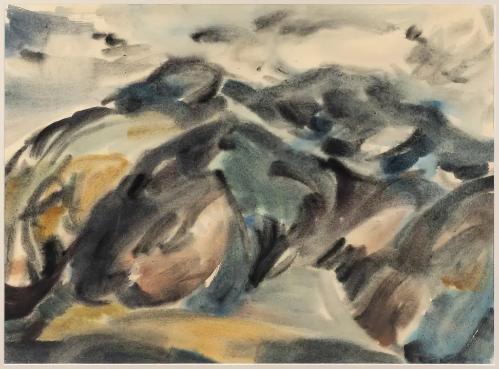 Sue Holmes -- framed ink wash on paper, stormy landscape, H-530 W-720 Image 1++