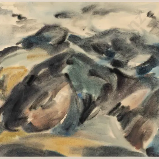 Sue Holmes -- framed ink wash on paper, stormy landscape, H-530 W-720