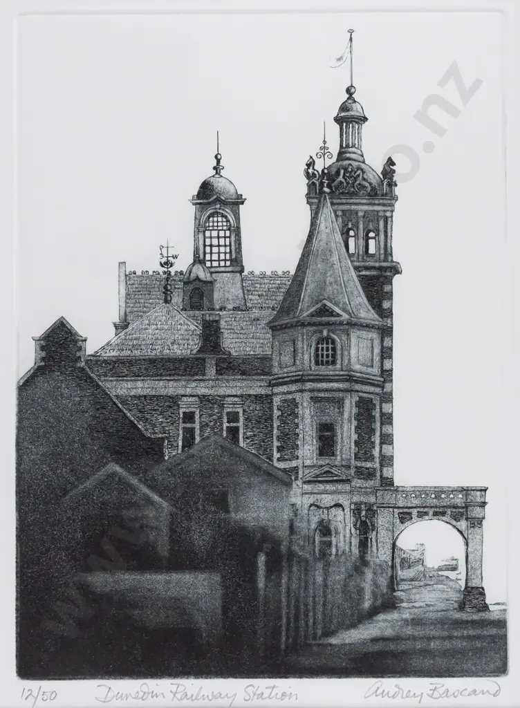 Audrey Bascand -- framed etching & aquatint on paper "Dunedin Railway Station" H-290 W-215 Image 1++