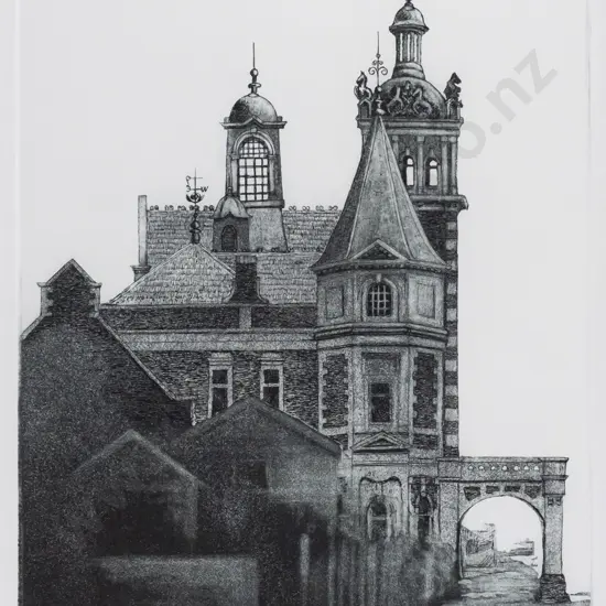 Audrey Bascand -- framed etching & aquatint on paper "Dunedin Railway Station" H-290 W-215