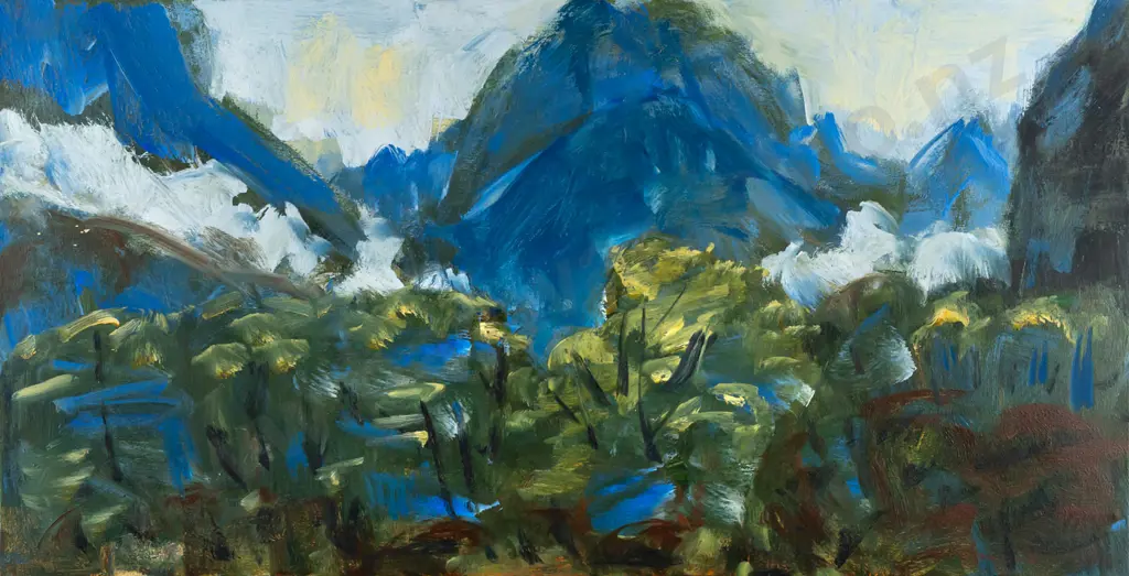 Nigel Wilson -- unframed oil on stretched canvas, mountain landscape, H-385 W-745 Image 1++