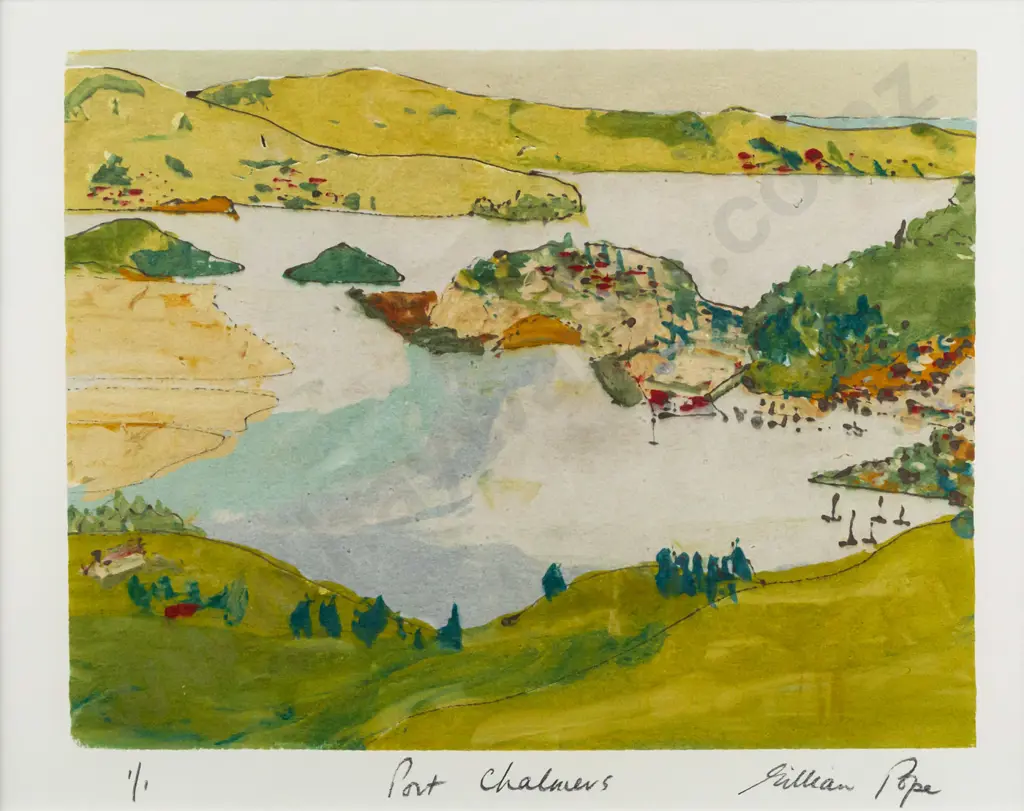Gillian Pope -- framed mono screenprint "Port Chalmers" ed. 1/1 H-215 W-270 Image 1++