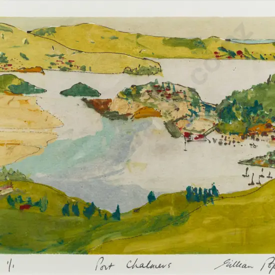 Gillian Pope -- framed mono screenprint "Port Chalmers" ed. 1/1 H-215 W-270