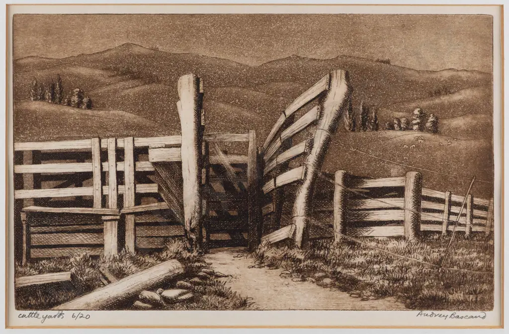 Audrey Bascand -- framed etching & aquatint on paper "Cattle Yards" ed. 6/20 H-170 W-255 Image 1++