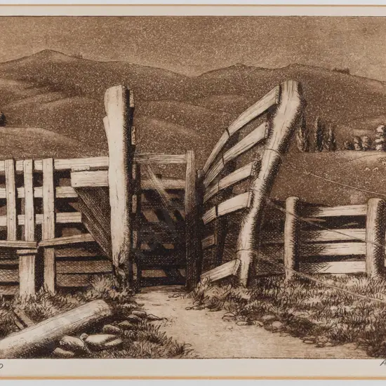 Audrey Bascand -- framed etching & aquatint on paper "Cattle Yards" ed. 6/20 H-170 W-255