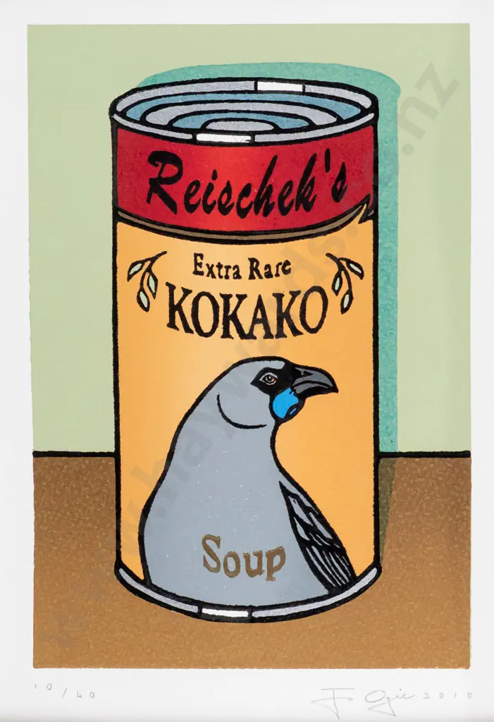 Jo Ogier 2010 -- framed woodblock print on paper "Reischek's Extra Rare Kokako Soup" H-250 W-190 Image 1++