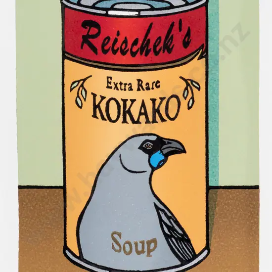 Jo Ogier 2010 -- framed woodblock print on paper "Reischek's Extra Rare Kokako Soup" H-250 W-190