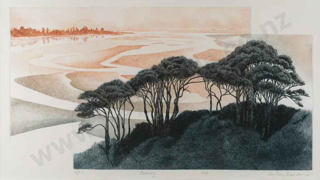Audrey Bascand -- framed 2-plate etching on paper A/P "Estuary" H-280 W-505 Image 1++