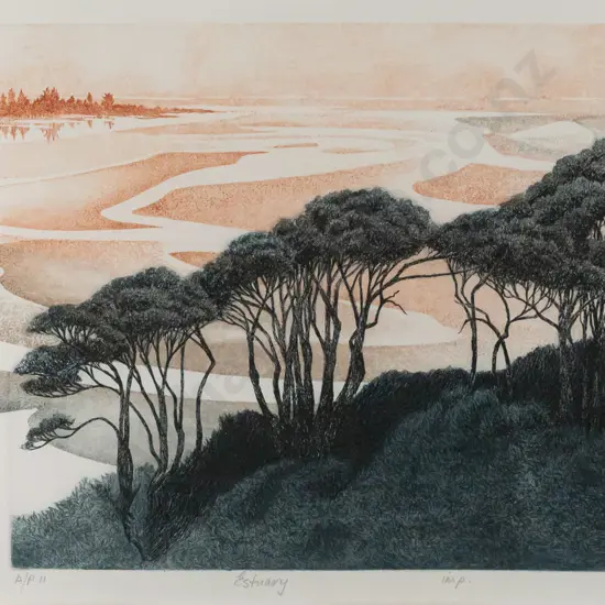 Audrey Bascand -- framed 2-plate etching on paper A/P "Estuary" H-280 W-505