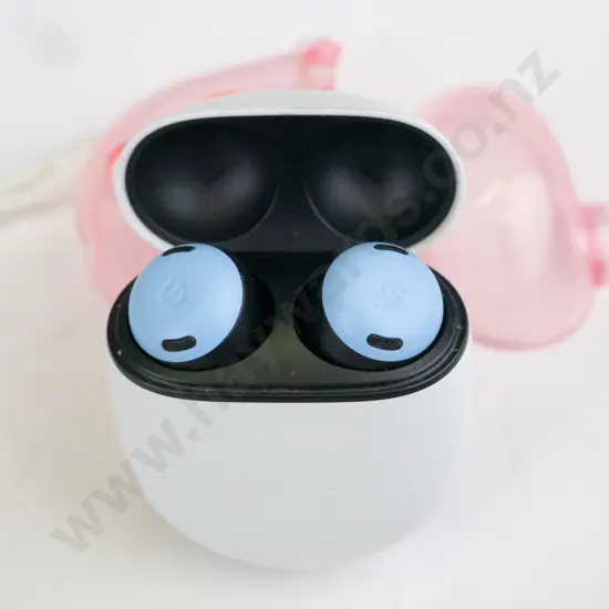 Google earbuds in pink clear case