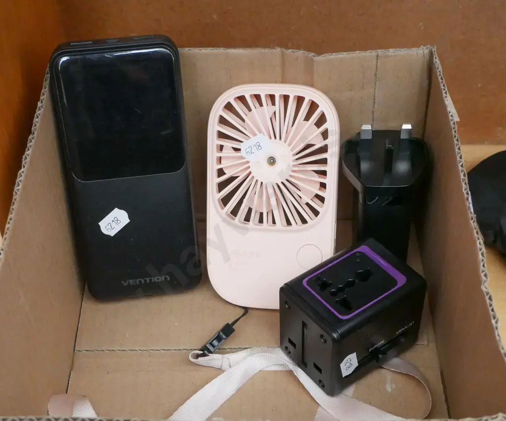 Black portable charger, 2x travel plugs & portable hand held fan Image 1++