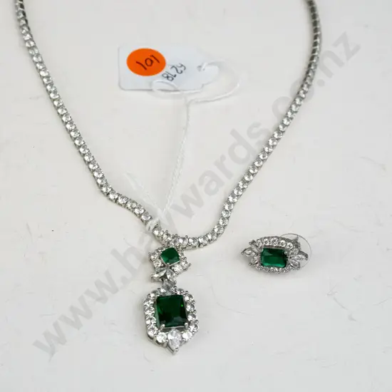 Silver necklace with green pendent &  1 single earring