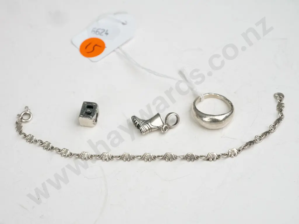 Charm - Letter B1 & charm boot, silver ring and bracelet with silver elephants (broken) Image 1++