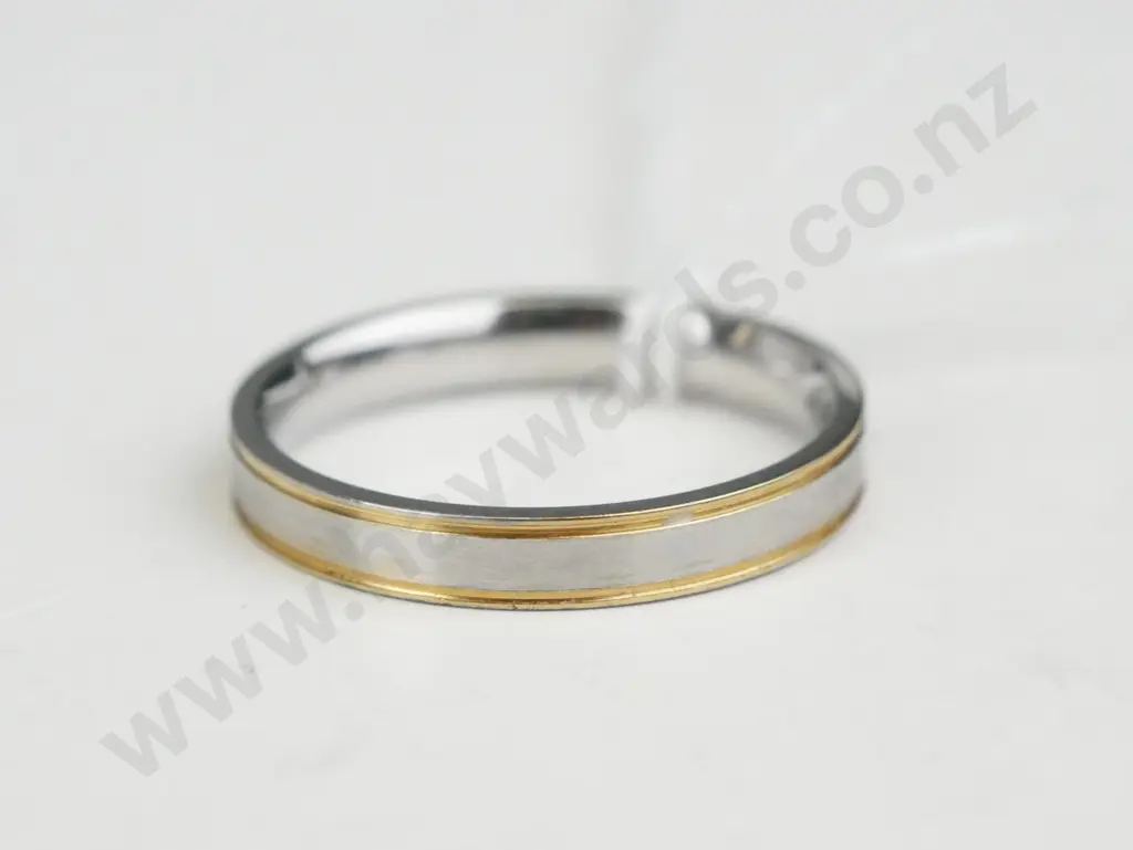 Silver wedding band ring with gold outline Image 1++