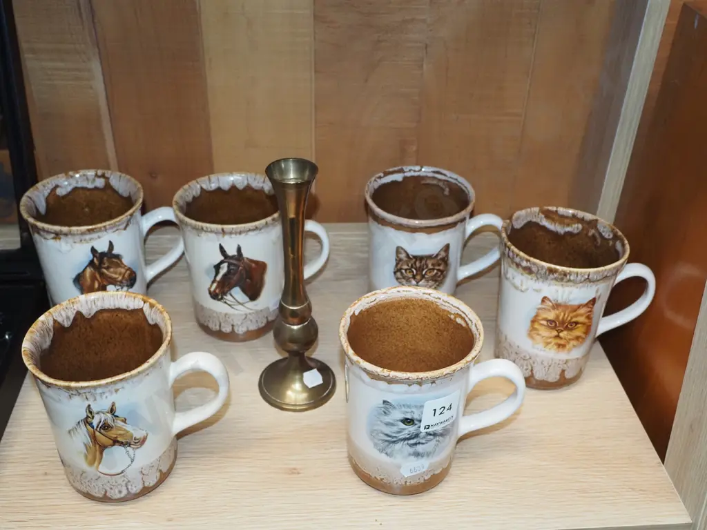 6x GA Jones, Temuka cat themed cups, brass vase Image 1++