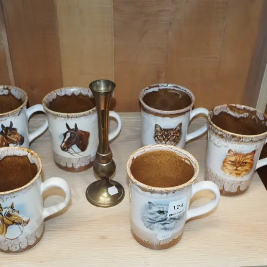 6x GA Jones, Temuka cat themed cups, brass vase