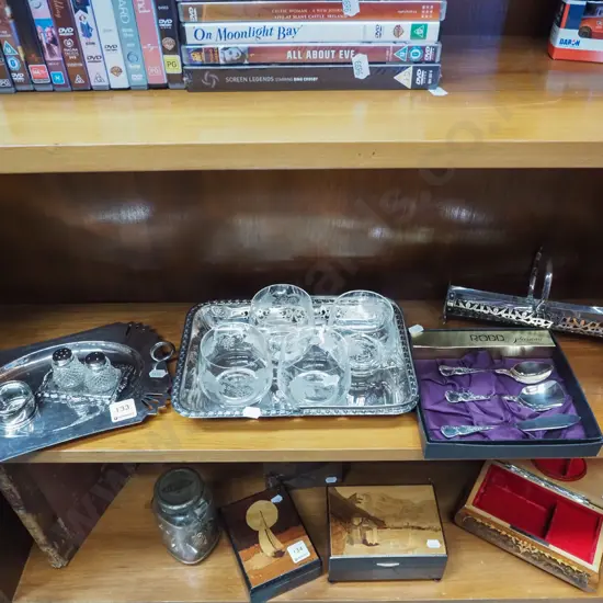 shelf; plated ware, etched tumblers etc