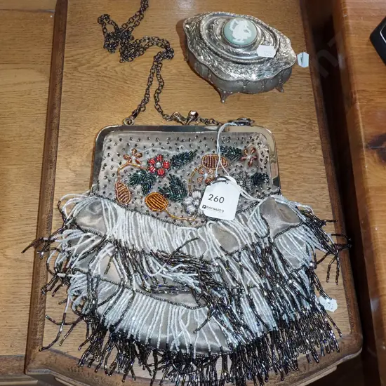 plated ware cameo trinket box, beaded purse