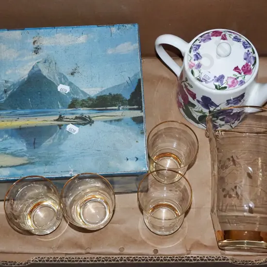 box; water set, teapot, biscuit tin