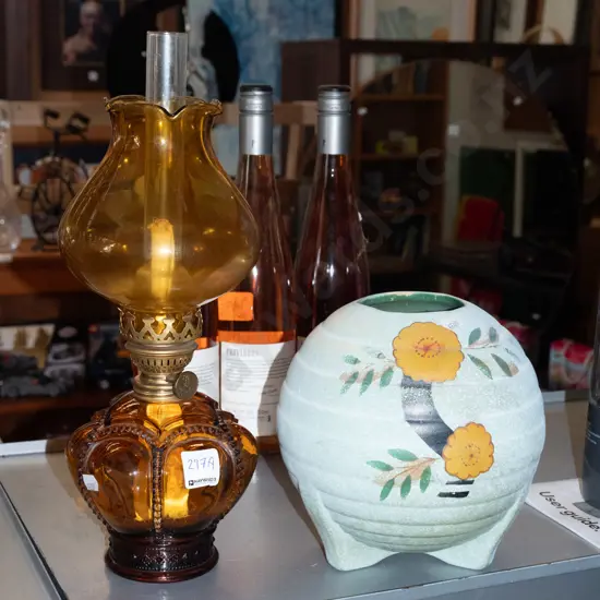 amber kerosene lamp, vintage globe-shaped vase