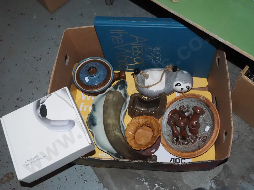 box; atlas, lidded casseroles, studio pottery wall charger etc Image 1++