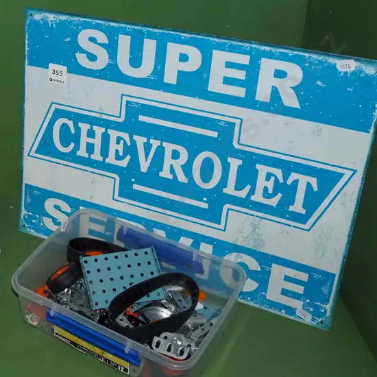 Chevrolet print on tin, tub of Meccano