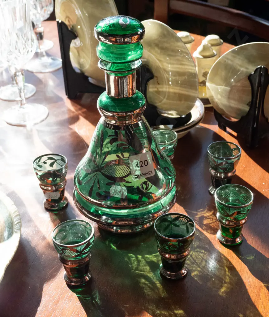 green glass and silver decanter set H240 Image 1++