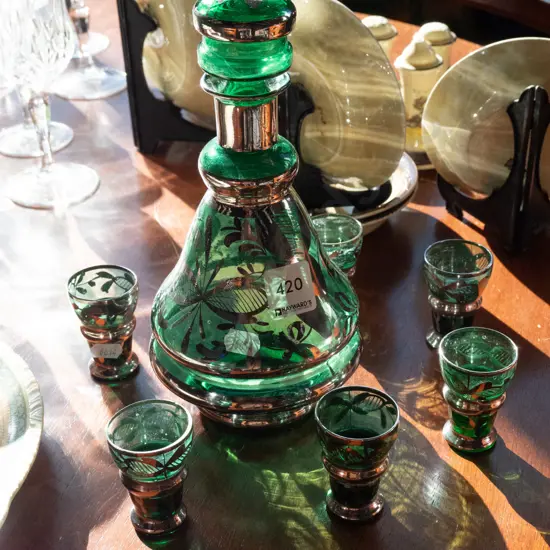 green glass and silver decanter set H240