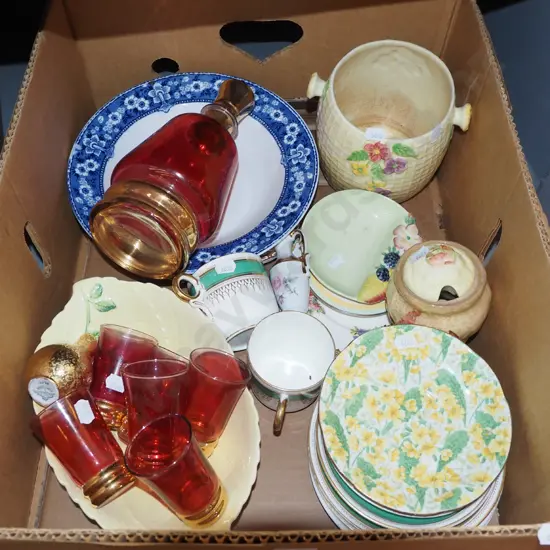 box; decanter and glasses, saucers, side plates etc