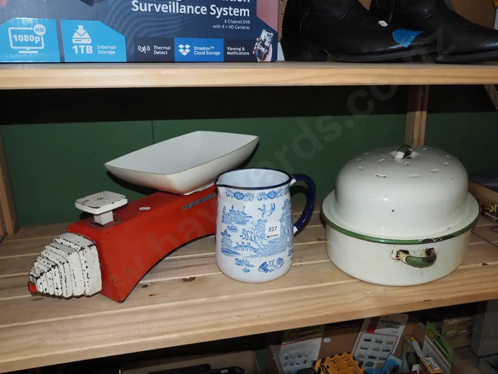 vintage scales, enamel baking dish, water jug Image 1++