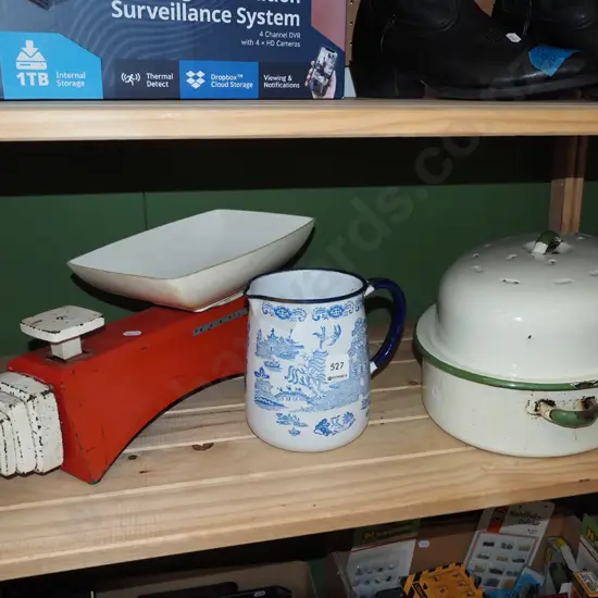 vintage scales, enamel baking dish, water jug