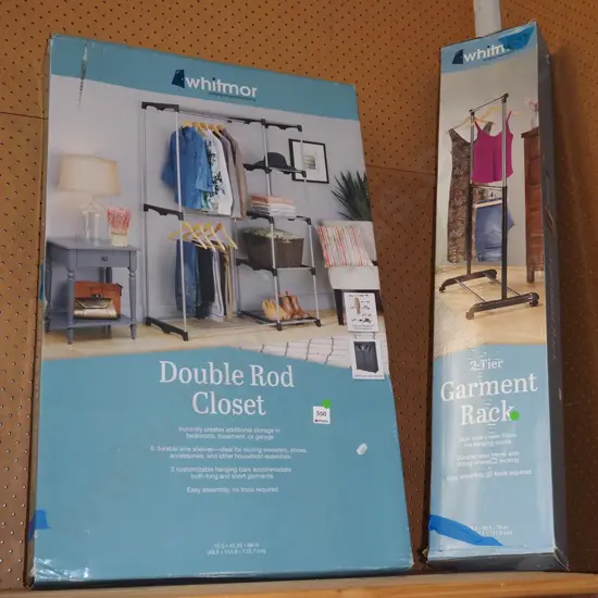 boxed as new double rod closet and boxed garment rack